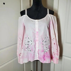 SUNO Pink and White Tie-Dye Watercolor Lace Embroidery Cold Shoulder Top NWOT